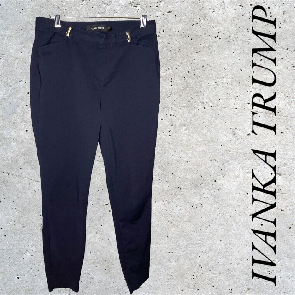 Ivanka Trump Slim Skinny Navy Blue Work Pants Accent Gold Navy Women Size 4